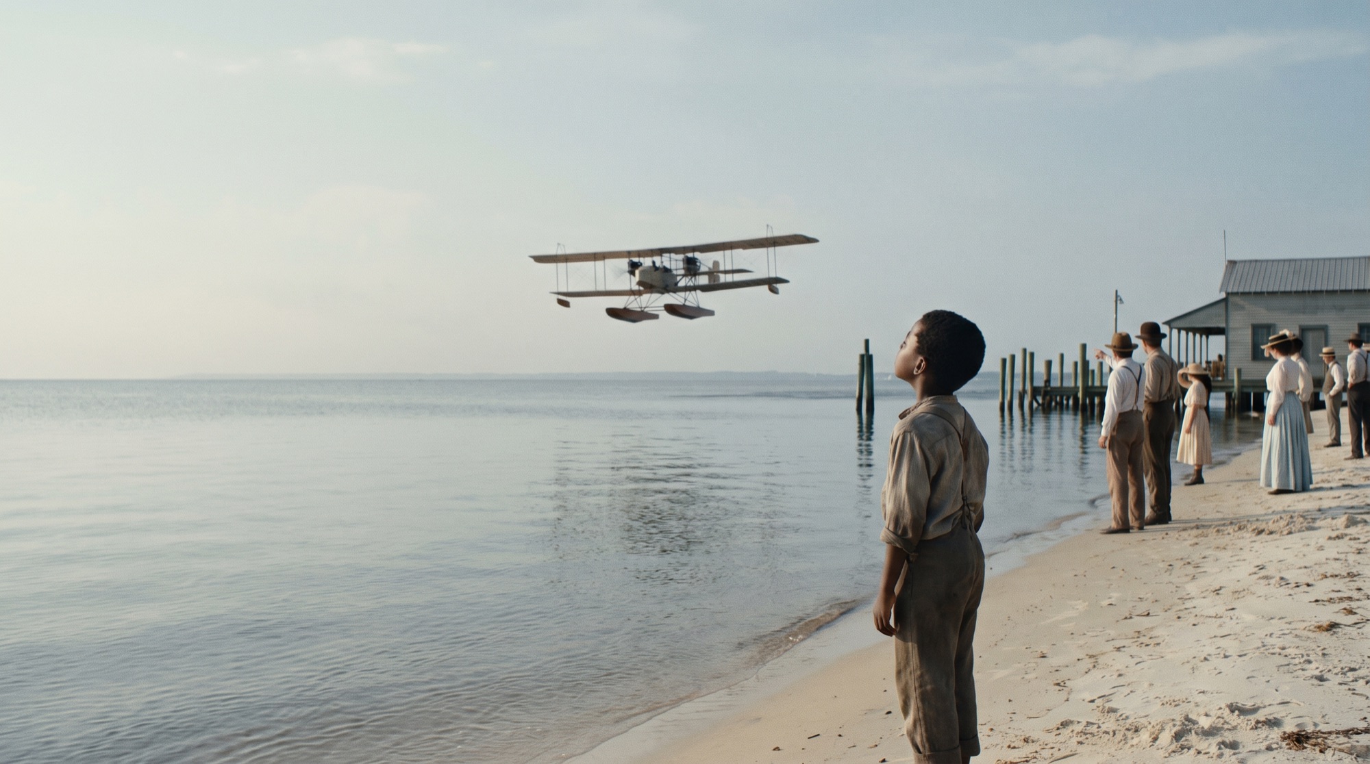 A boy on a quiet shoreline watches an early seaplane pass low over the water.
