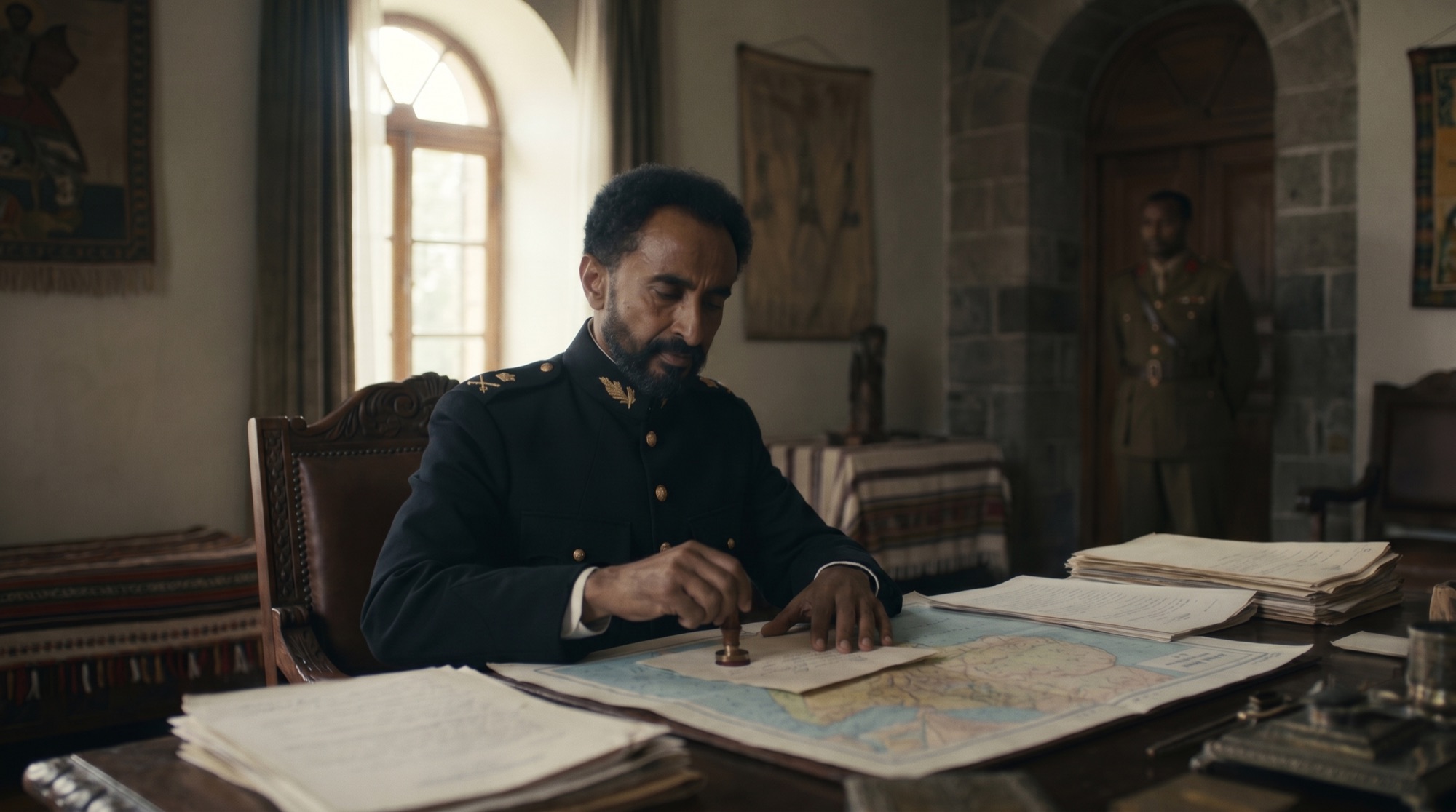 A uniformed monarch seals a letter over maps and correspondence in a stone chamber.