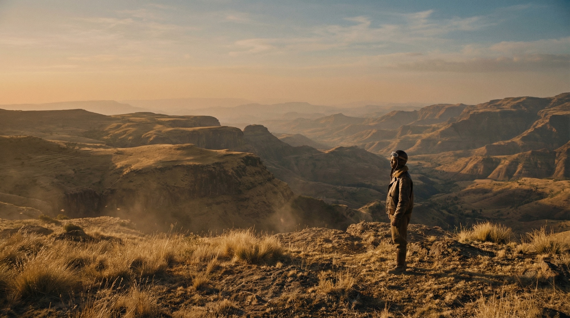 A lone aviator stands at the edge of the Ethiopian highlands at golden hour.